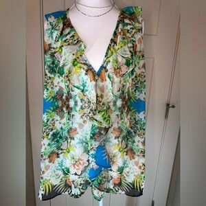 Bisou Bisou Floral Ruffle Halter Top – Women’s Large – Sheer Tropical Boho